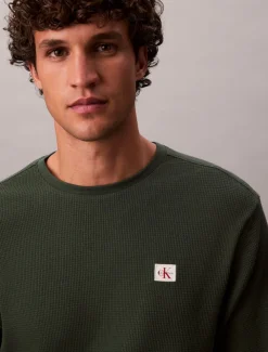 Calvin Klein Jeans Pitkähihaiset Paidat|Kaikki Paidat>miesten paita, LS WAFFLE BADGE CREWNK TEE Armeijanvihreä