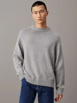 Calvin Klein Jeans Neulepuserot|Kaikki Neuleet>Miesten Neulepusero, COTTON WOOL CREW NECK SWEATER Vaaleanharmaa