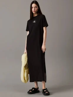 Calvin Klein Jeans Mekot|Kaikki Mekot Ja Hameet>naisten mekko, K-MONOLOGO LONG RIB TEE DRESS