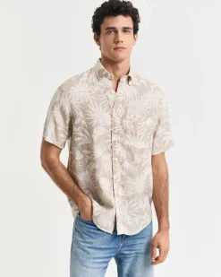 Gant Kauluspaidat|Kaikki Paidat>miesten lyhythihainen kauluspaita, REG BOTANICAL LINEN PRINT SS T-SHIRT Ruskea Kuosi