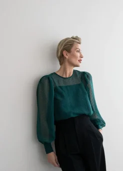 Gauhar Puserot>Helsinki pusero, TULLE SLEEVE SHIRT BOTTLE GREEN