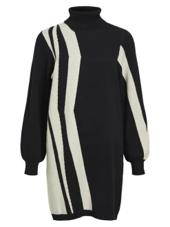 Object Neulemekot|Mekot>Naisten Neulemekko, OBJRAY L/S KNIT ROLLNECK DRESS AOP NOOS Black Sandshell Vert