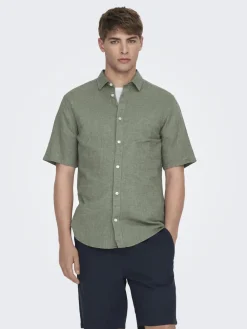 Only and Sons Kauluspaidat|Kaikki Paidat>Miesten Kauluspaita ONSCAIDEN SS SOLID LINEN Armeijanvihreä