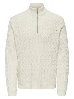 Only and Sons Neulepuserot|Kaikki Neuleet>miesten neulepusero LEONARD LIFE REG HALF ZIP CABLE COTTON, Antique White