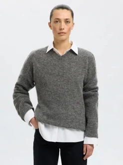 Selected Femme Neulepuserot|Kaikki Neuleet>naisten neulepusero, SLFSIA RAS LS KNIT LONG V-NECK