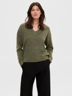 Selected Femme Neulepuserot|Kaikki Neuleet>neule, SLFMALINE LS KNIT V-NECK Armeijanvihreä