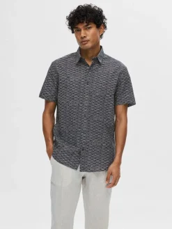 Selected Kauluspaidat|Kaikki Paidat>Miesten Kauluspaita NEW LINEN SHIRT Sininen Kuosi