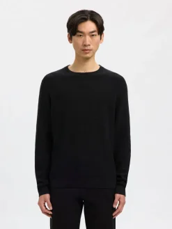 Selected Kaikki Neuleet|Neulepuserot>Miesten Neulepusero, ROSS LS KNIT STRUCTURE NOS ORGANIC COTTO, musta