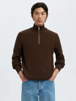 Selected Neulepuserot|Kaikki Neuleet>miesten neulepusero SLHDANE LS KNIT STRUCTURE HALF ZIP NOOS, Demitasse