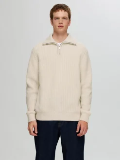 Selected Neulepuserot|Kaikki Neuleet>Miesten Neulepusero LAND LS KNIT HALFZIP Luonnonvalkoinen