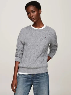 Tommy Hilfiger Kaikki Paidat|Neulepuserot>Naisten Neule, K-SOFT WOOL CABLE C-NK Vaaleanharmaa