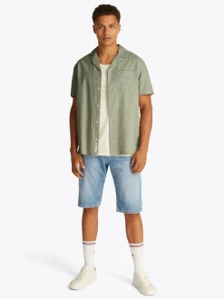 Tommy Jeans Kauluspaidat|Kaikki Paidat>miesten lyhythihainen kauluspaita, TJM LINEN BLEND CAMP SS EXT Armeijanvihreä